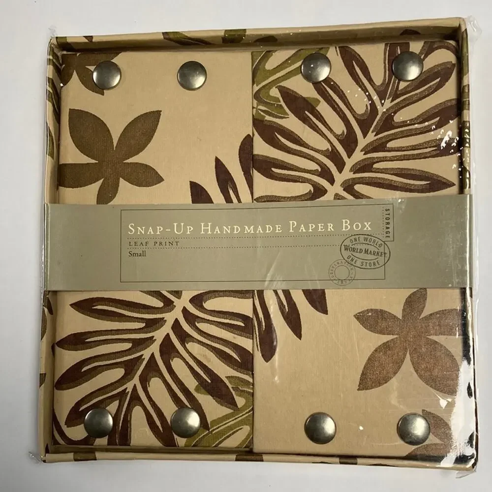 World Market Snap-Up Handmade Paper Box Leaf Print Small Storage